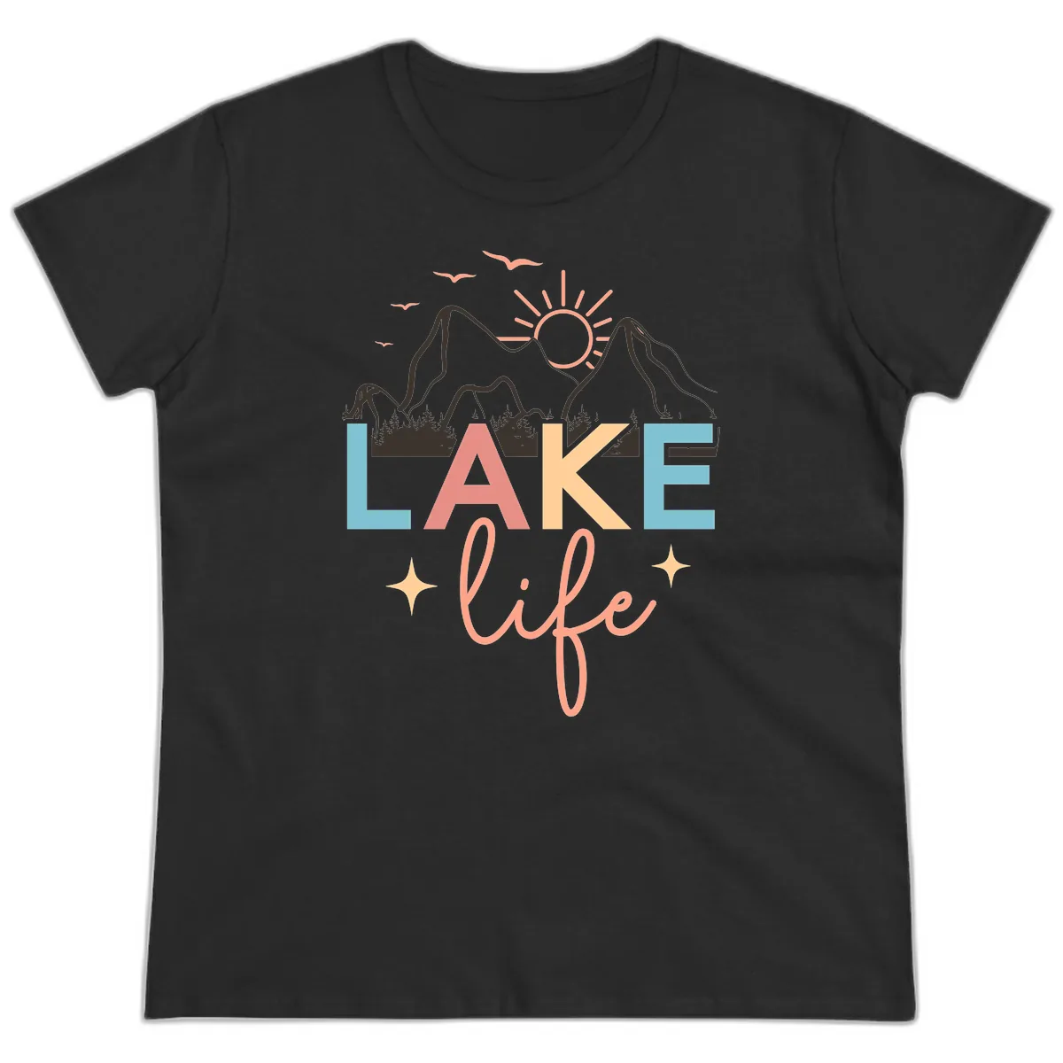 Mountain Lake Life Typography Ladies Tee in Black